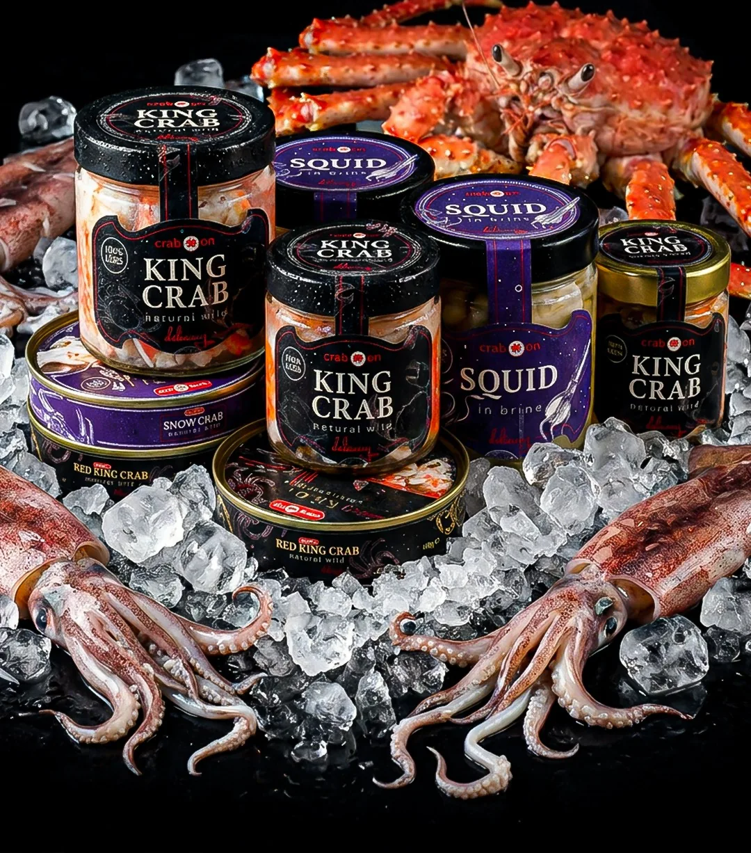 Crab On premium seafood platter with king crab, snow crab, caviar and squid on ice