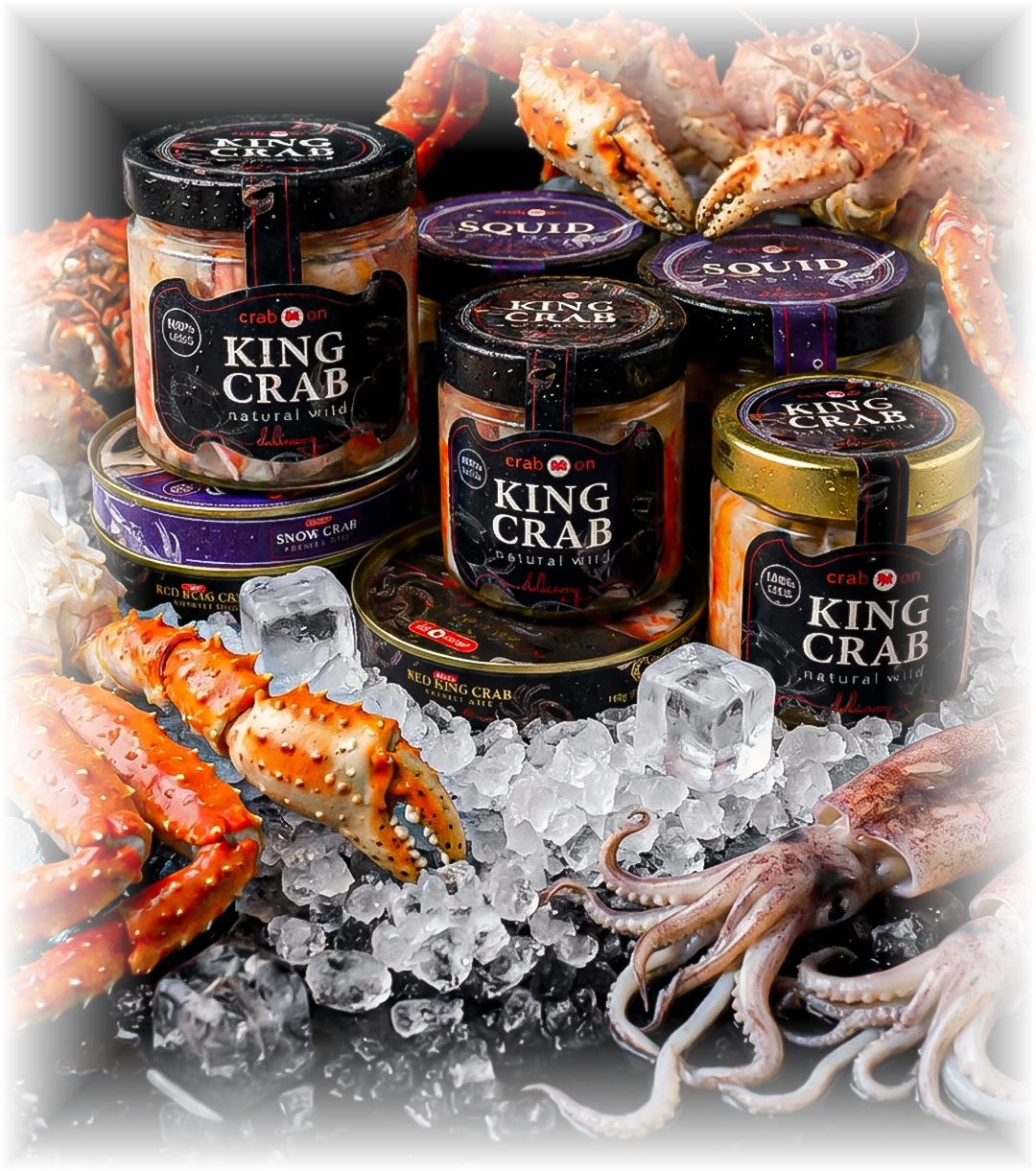 Crab On premium seafood platter with king crab, snow crab, caviar and squid on ice