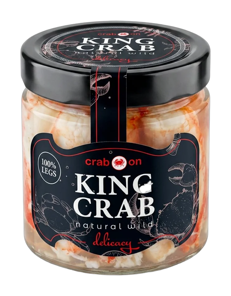 Red King Crab 100% Legs jar, real product photo