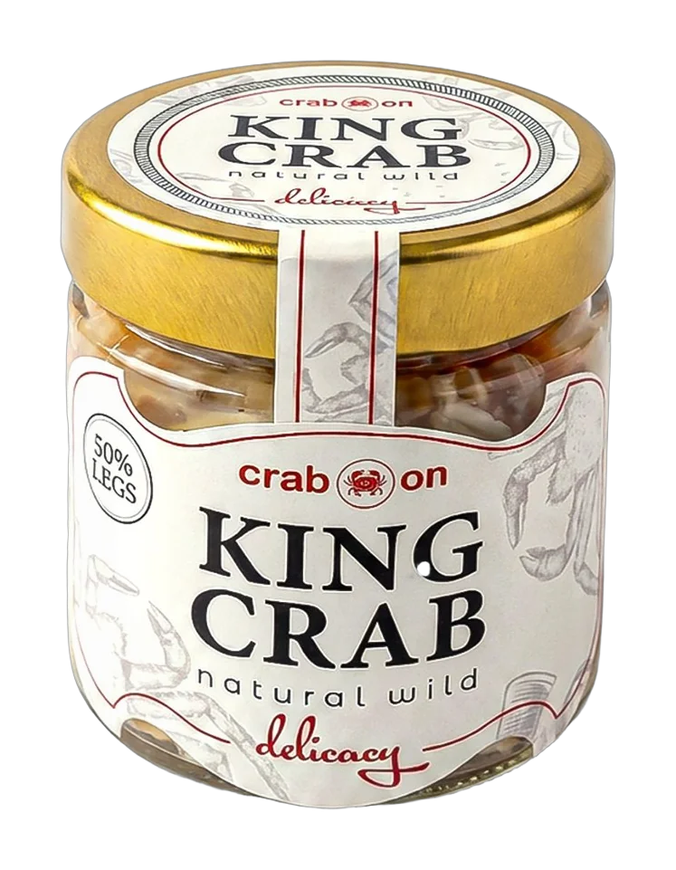 Red King Crab 50% Legs jar, real product photo